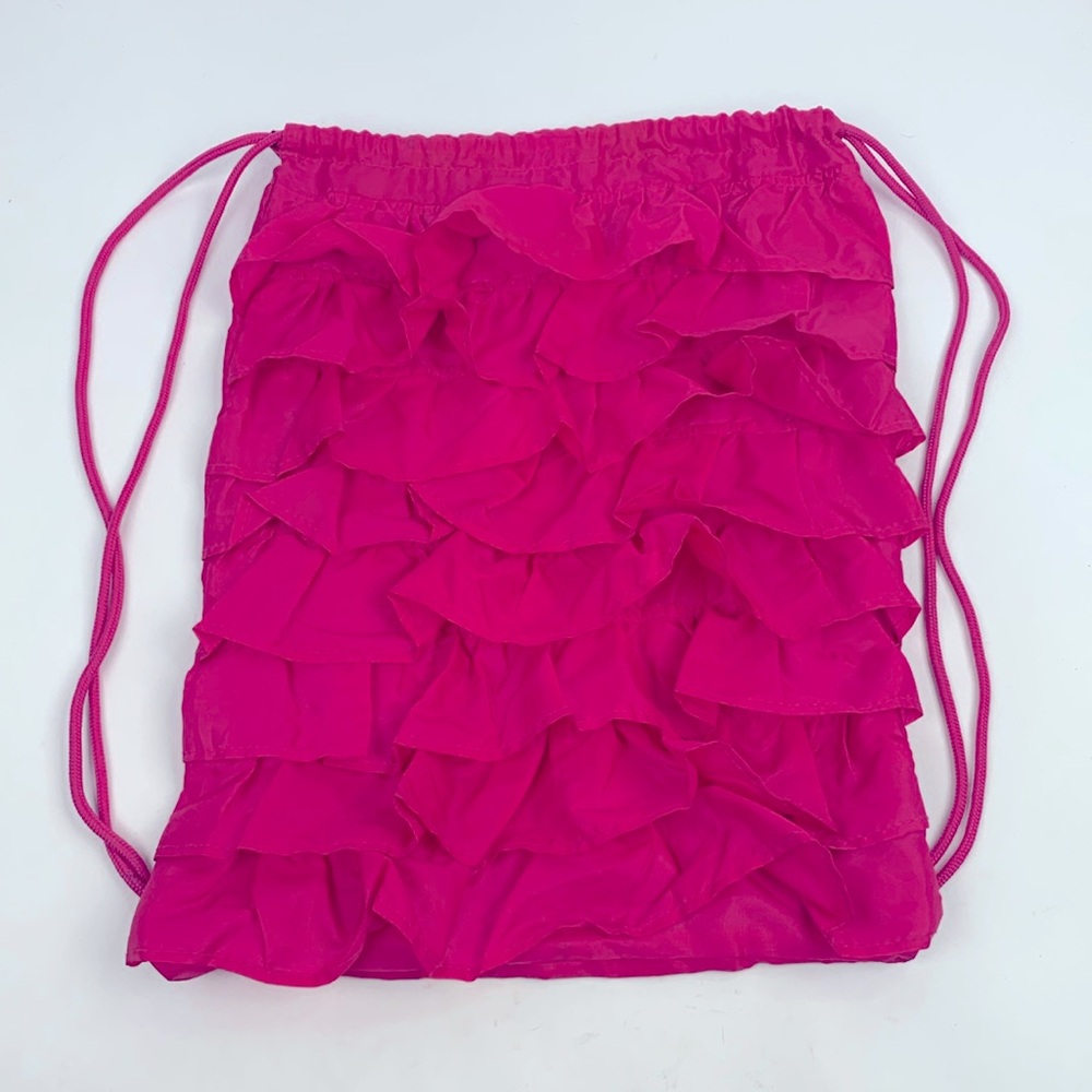 Thirty One Pink ruffled Cinch Bag Fuschia Drawstrings Zip Pocket Discontinued